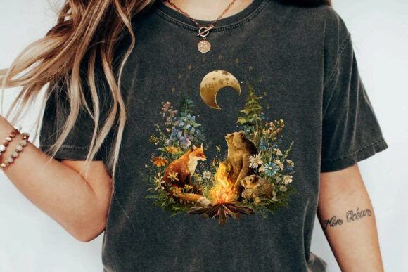 Download Whimsical Woodland Friends Around Campfire Under Crescent Moon Illustration Png - Friends Collection